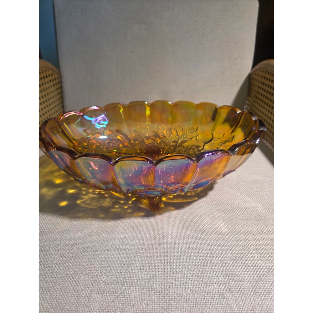 VTG Indiana Marigold Carnival Glass Harvest Grape Oval Footed Bowl 12"